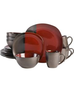 Gibson Elite Volterra 16 Piece Soft Square Stoneware Dinnerware Set in Red and Metallic Gray