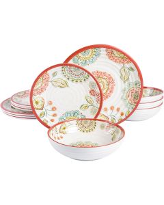 Laurie Gates Brick Floral Ripple 12 Piece Melamine Dinnerware Set in Red