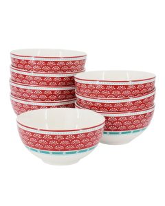 Gibson Home Village Vines Floral 8 Piece 6 Inch Fine Ceramic Bowl Set in White and Multi Red
