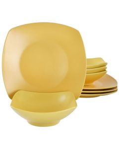Gibson Home 8 Piece Square Stoneware Dinnerware Set in Matte Yellow Freesia