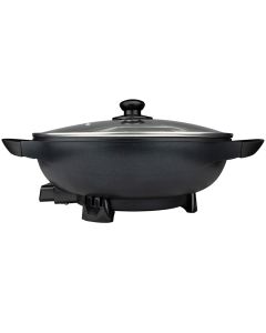 Brentwood 13in Non-Stick Flat Bottom Electric Wok Skillet with Vented Glass Lid in Black